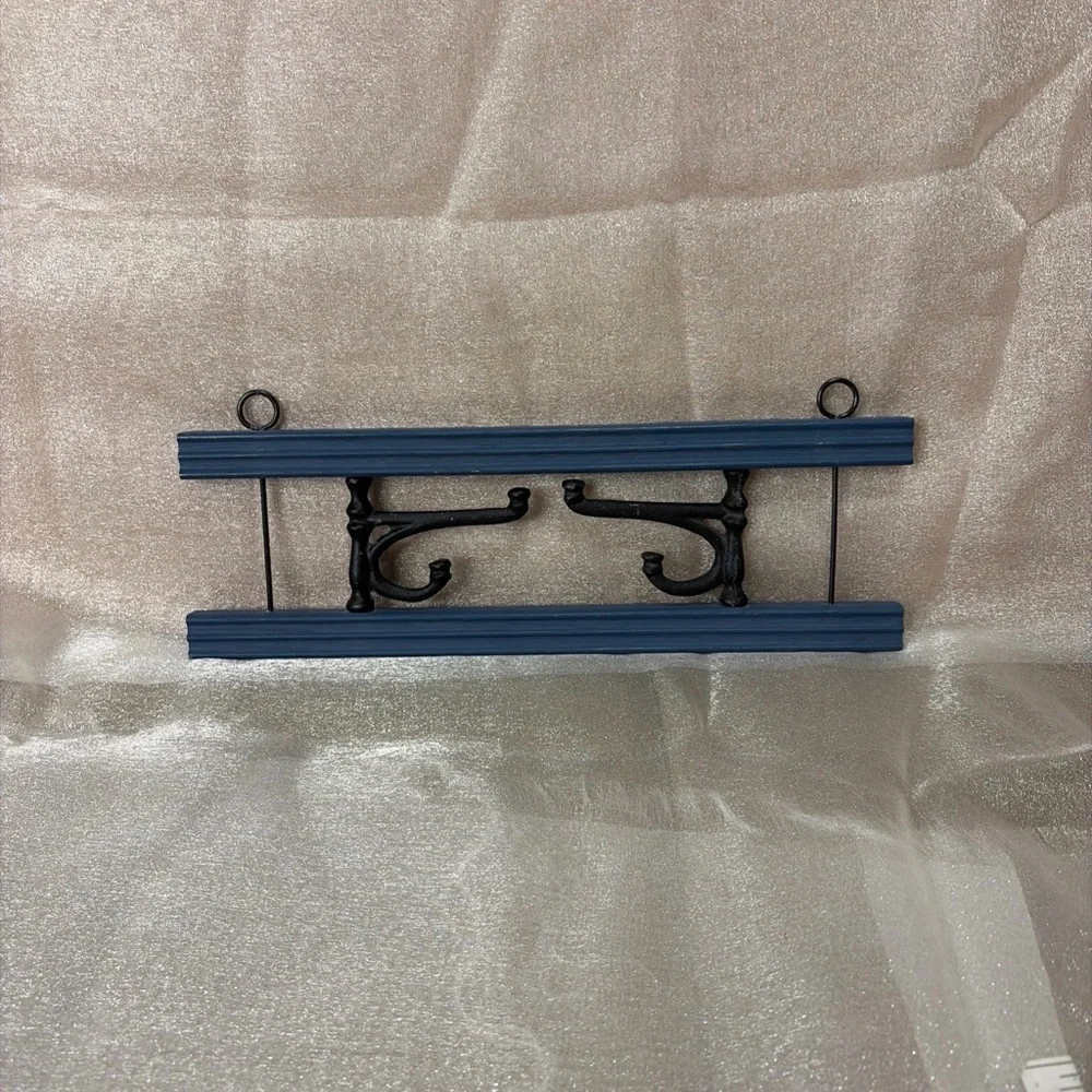 Blue Vintage Wall-Mounted Coat Rack with Black Metal Hooks